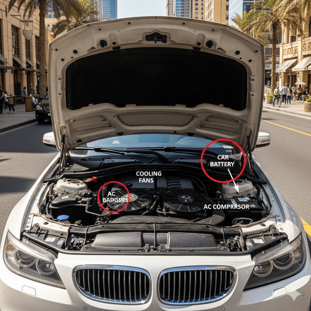 Car battery under AC load in Dubai heat