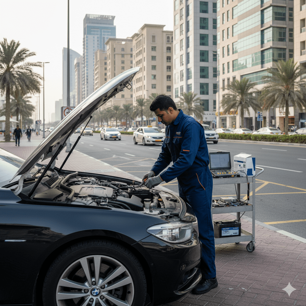 EuroSwift technician providing car battery replacement near customer in Al Rigga Dubai