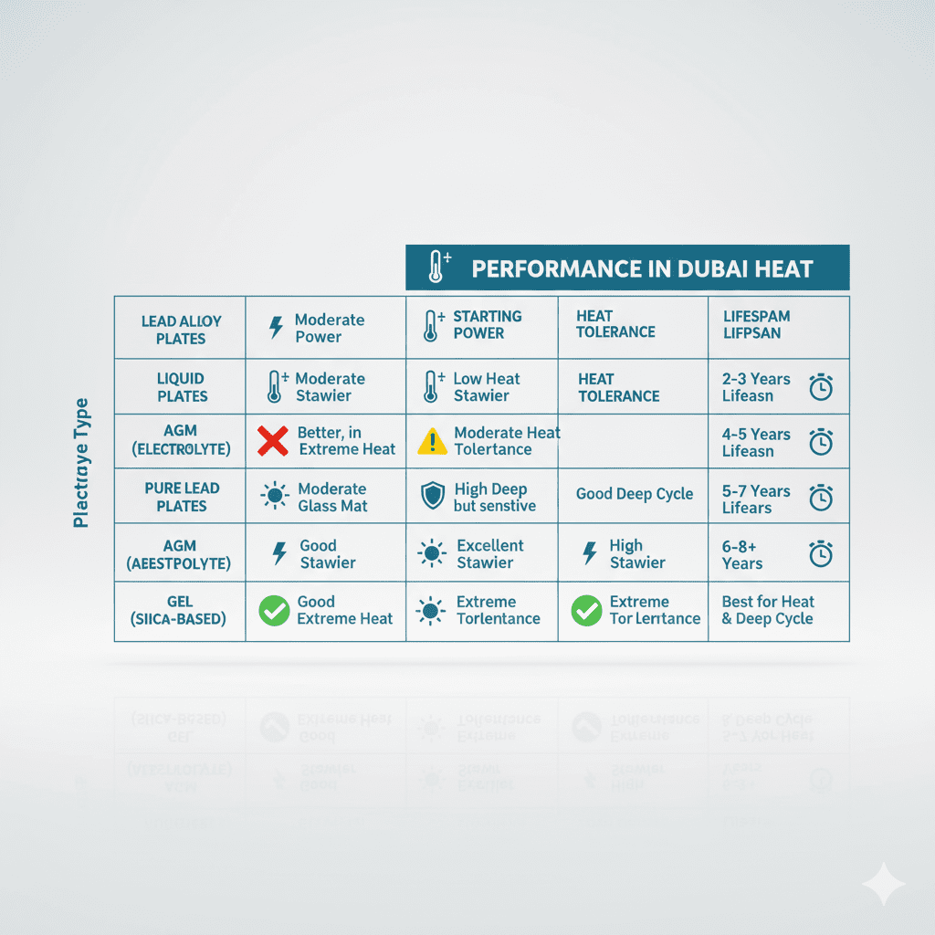 Comparison of car battery plates and electrolytes with performance ratings under heat