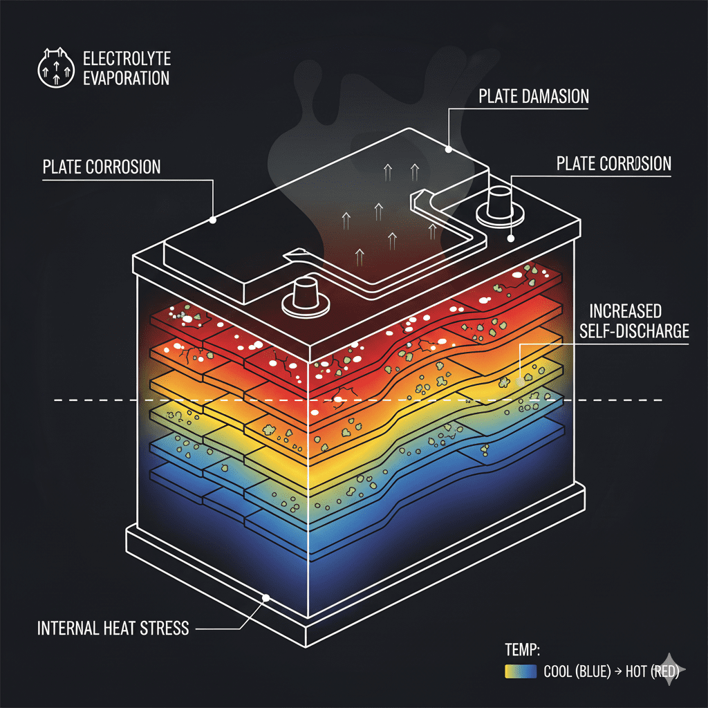 Infographic showing battery chemical reactions in high heat
