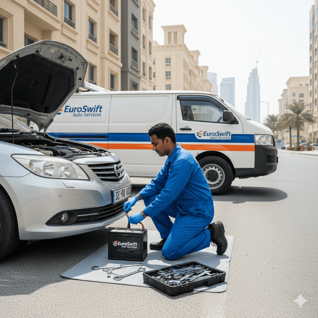 EuroSwift Auto Services technician performing car battery replacement in Al Raffa Dubai near residential area