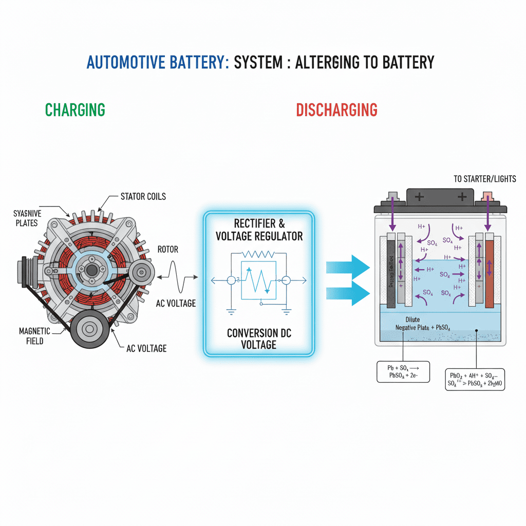Alternator charging steps illustration.