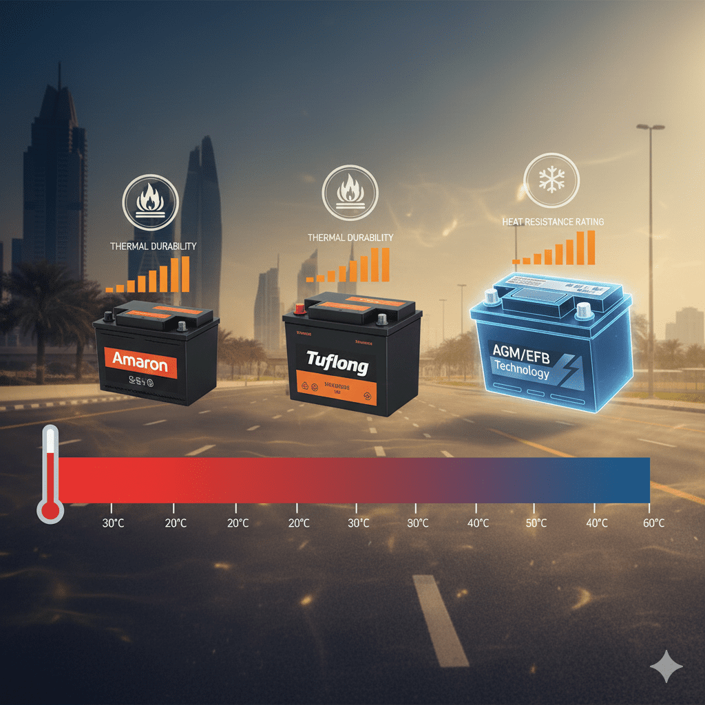 Amaron and AGM batteries lead the market in high-temperature durability. Heat-resistant car battery comparison showing Amaron, Tuflong, AGM models.