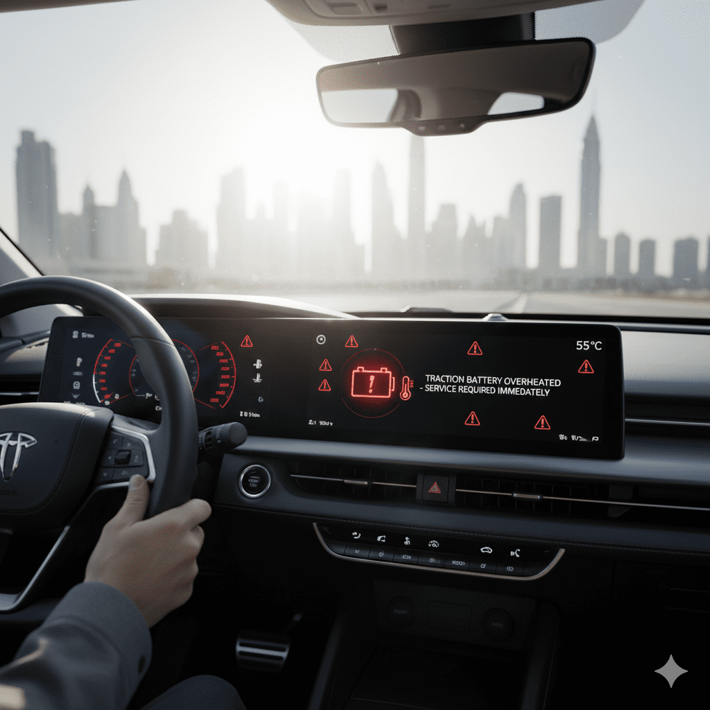 Dashboard battery warning alert showing thermal risk in summer. Battery overheating and warning lights
