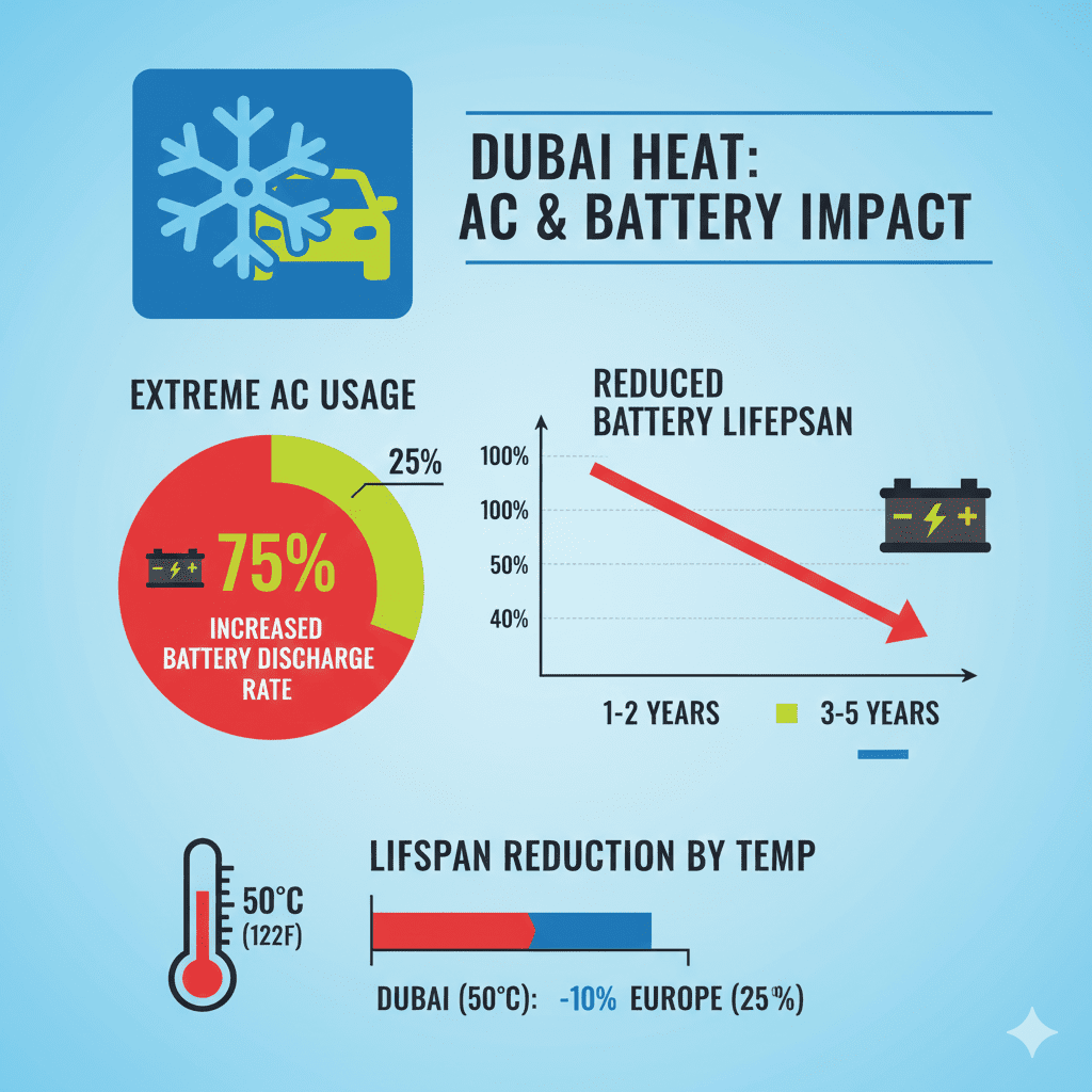 Infographic showing AC impact on battery life in Dubai