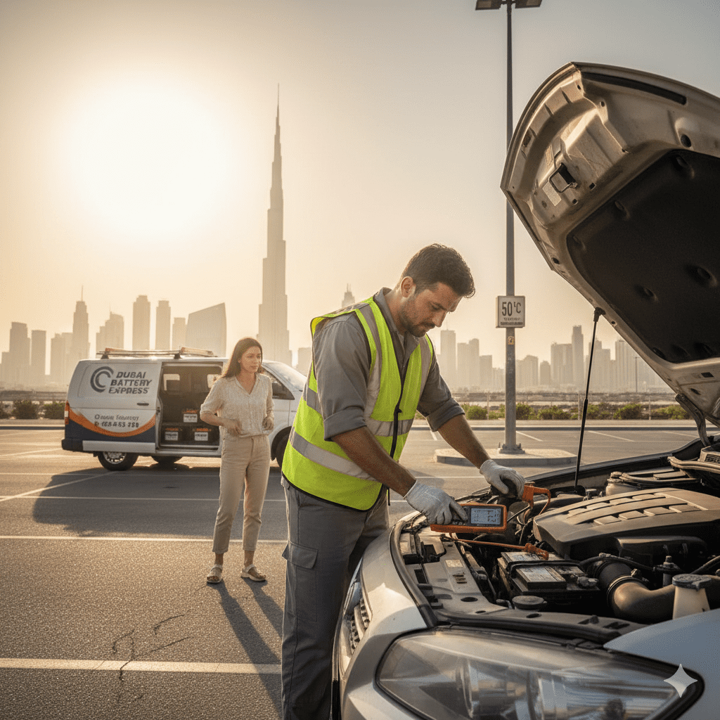 Professional testing detects heat-damaged batteries early. car battery drain check Dubai