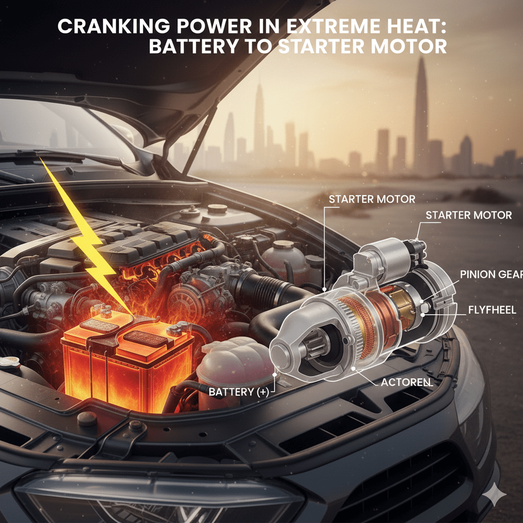 Technical view of how CCA affects engine starting power. Cranking power and CCA illustration.