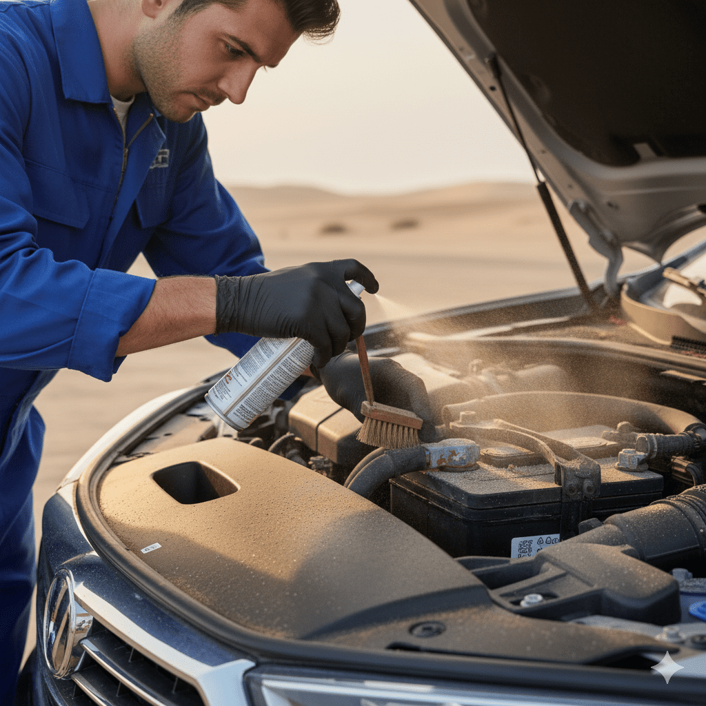 Mechanic cleaning dusty car battery terminals Cleaning Dust-Affected Battery Terminals in UAE
