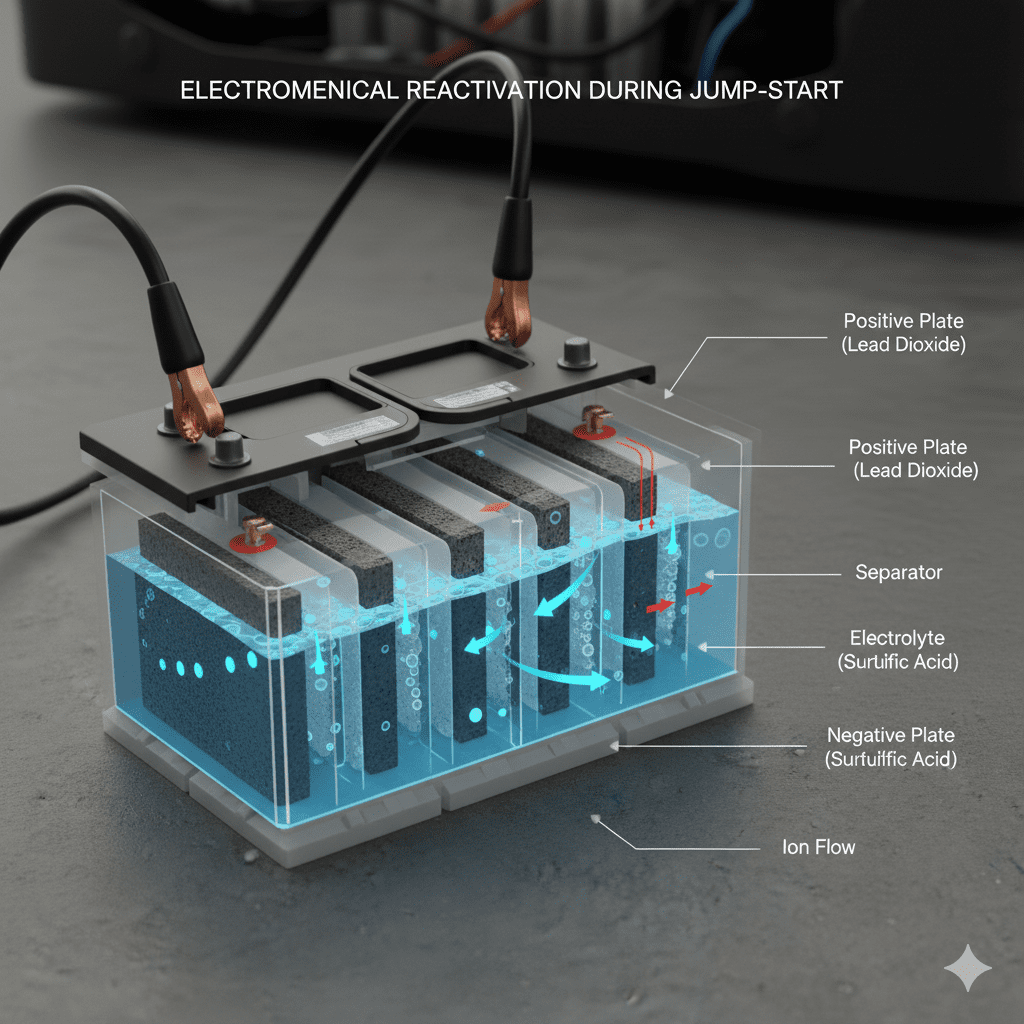 Internal battery activity reactivated by external current. Electrochemical reaction inside battery during jump-start.