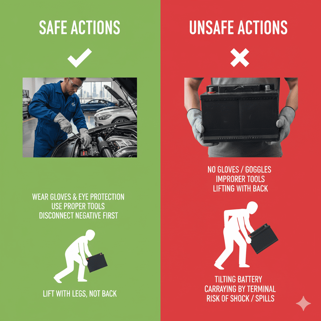 Understanding correct handling reduces battery risks. Safe vs unsafe car battery handling comparison.