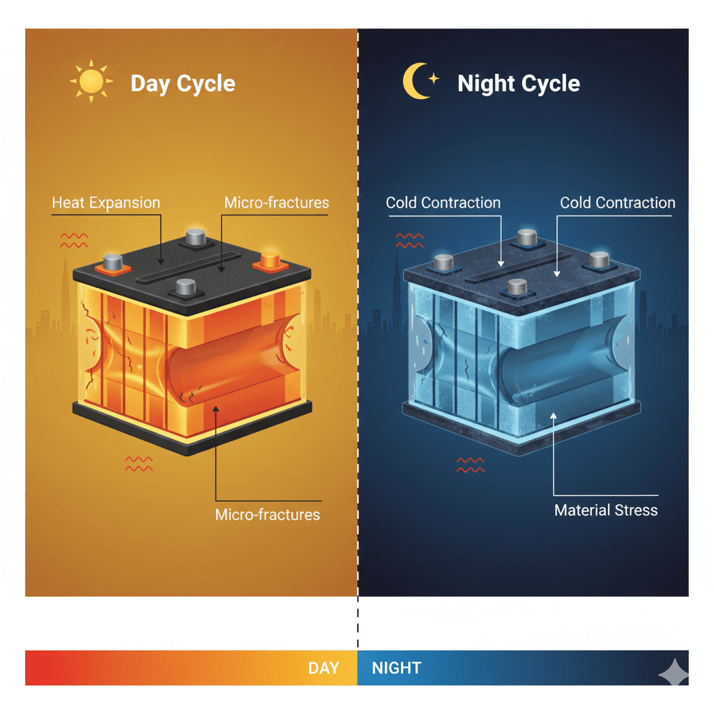 Day-night thermal cycling affecting battery plates
