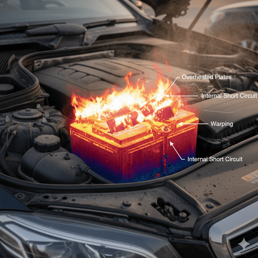 An illustrated thermal view showing how extreme heat weakens battery plates during idling. Thermal stress damaging car battery plates in Dubai heat