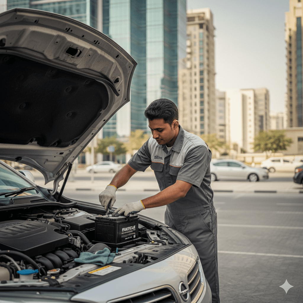Technician performing car battery replacement in Dubai Silicon Oasis.