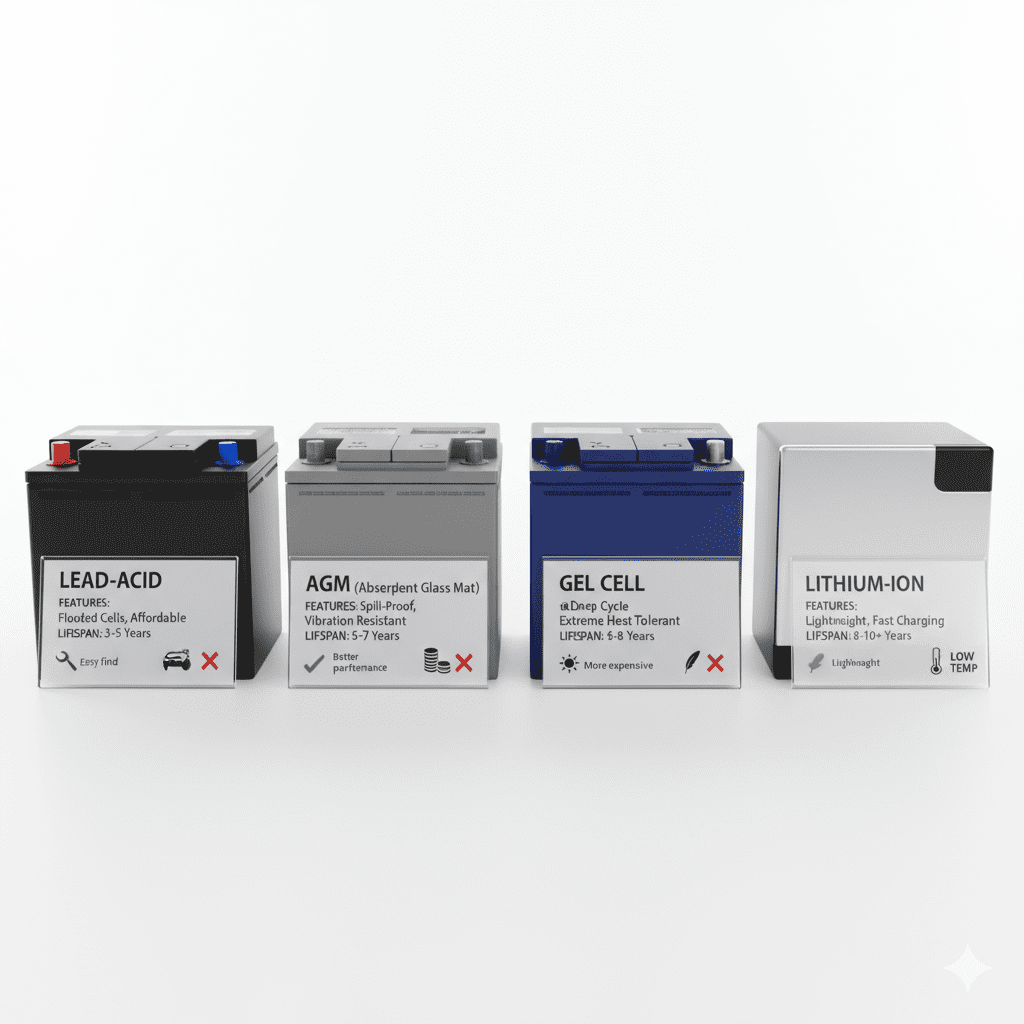 Types of Car Batteries Explained Comparison of different car battery types including Lead-Acid, AGM, Gel, and Lithium-Ion