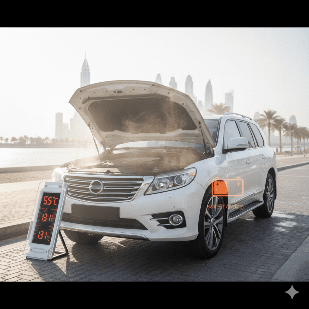 Car parked in sun experiencing heat strain on the battery