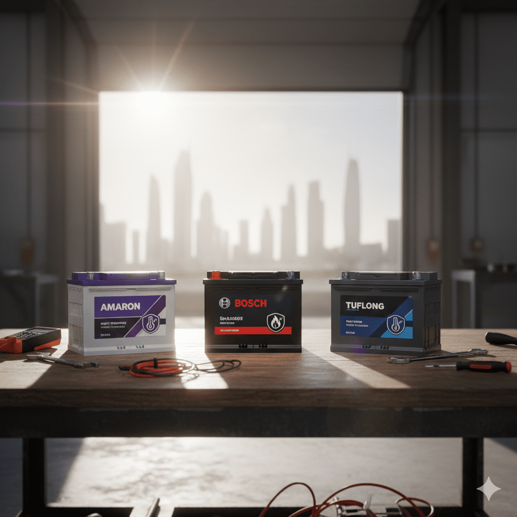 Dubai-rated car batteries like Amaron and Bosch displayed for heat durability