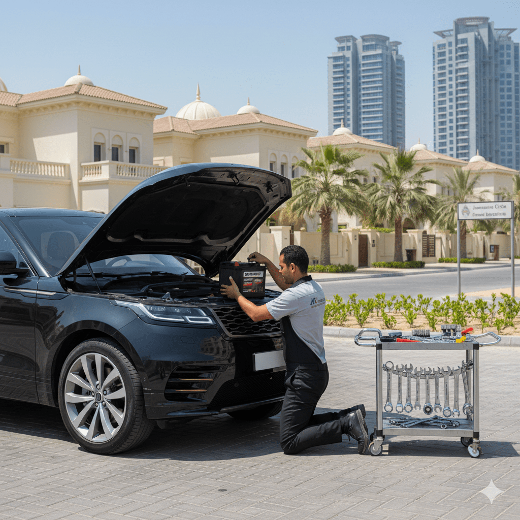 Car Battery Replacement in JVC Dubai onsite service.