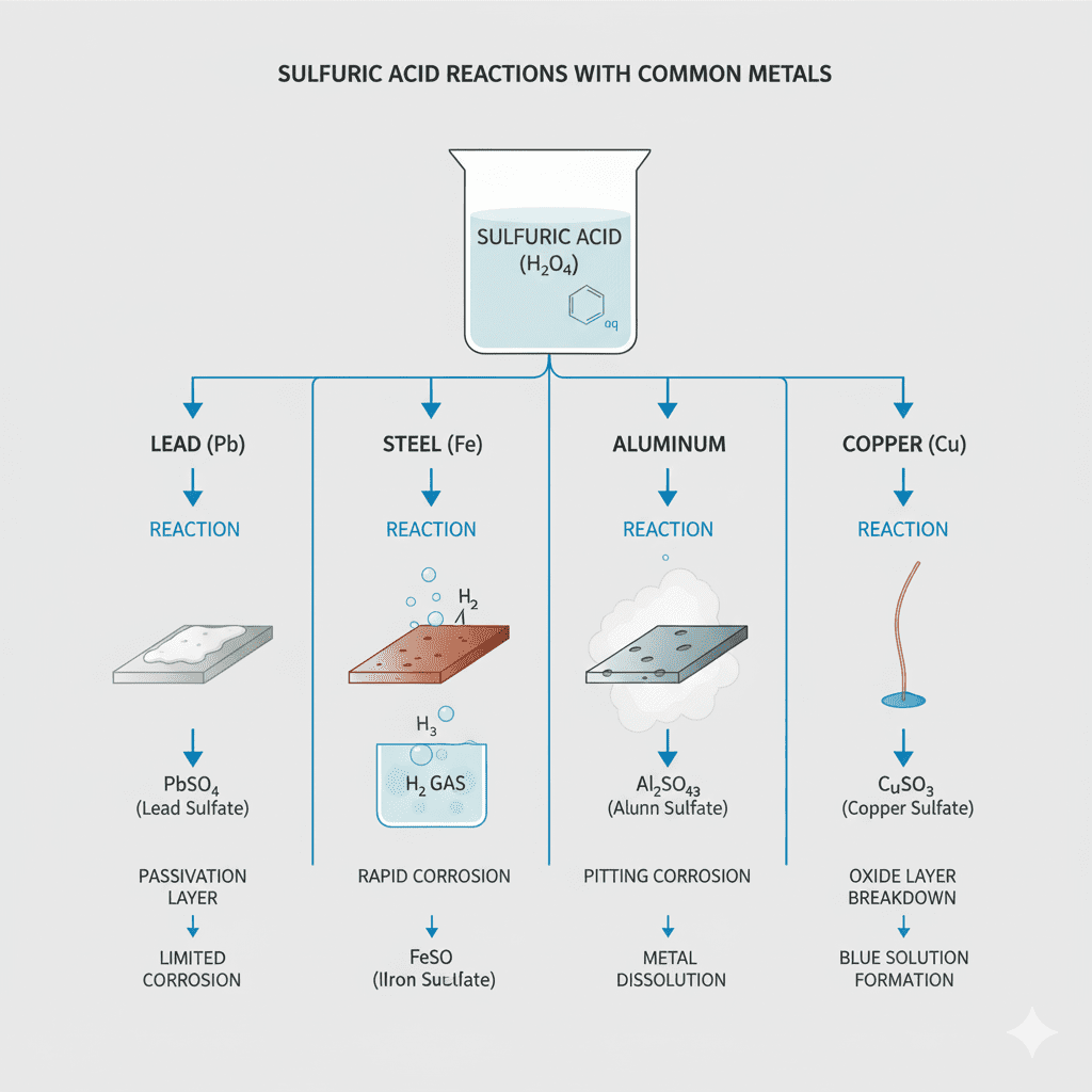 How sulfuric acid chemically reacts with vehicle metals. Chemical reaction of battery acid with different metals