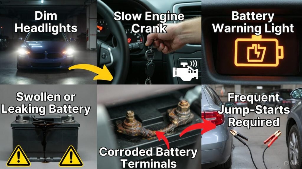 "Common Signs Your Car Needs a Battery Replacement Infographic" "Infographic showing common signs a car battery needs replacement: dim headlights, slow engine crank, battery warning light, swollen or leaking battery, corroded terminals, and frequent jump-starts, with clear labels and visual indicators."