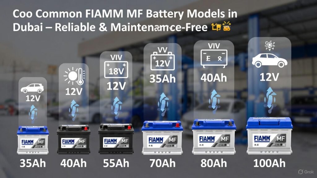 Various FIAMM Maintenance Free (MF) car battery models for small cars, sedans, and SUVs in Dubai, showing reliable starts and low maintenance