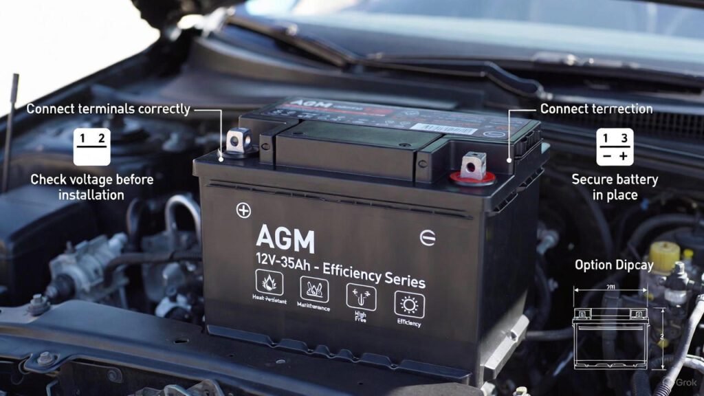 “AGM 12V-35Ah Efficiency Series battery installed in a compact sedan engine bay in Dubai” “AGM 12V-35Ah Efficiency Series battery installed in a compact sedan engine bay in Dubai”