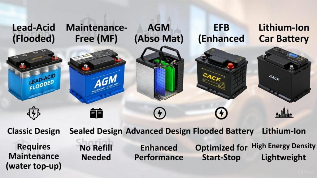 "Types of Car Batteries Available in Sharjah Infographic" "Infographic showing types of car batteries available in Sharjah: Lead-Acid, Maintenance-Free, AGM, EFB, and Lithium-Ion, with clear labels and visual representations of each type."