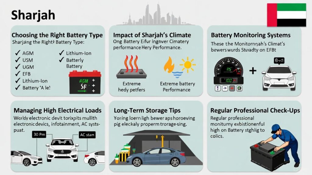 "Advanced Car Battery Considerations for Sharjah Drivers Infographic" "Infographic showing advanced car battery considerations for Sharjah drivers, including choosing the right battery type, climate impact, battery monitoring, managing high electrical load, storage tips, and professional check-ups."