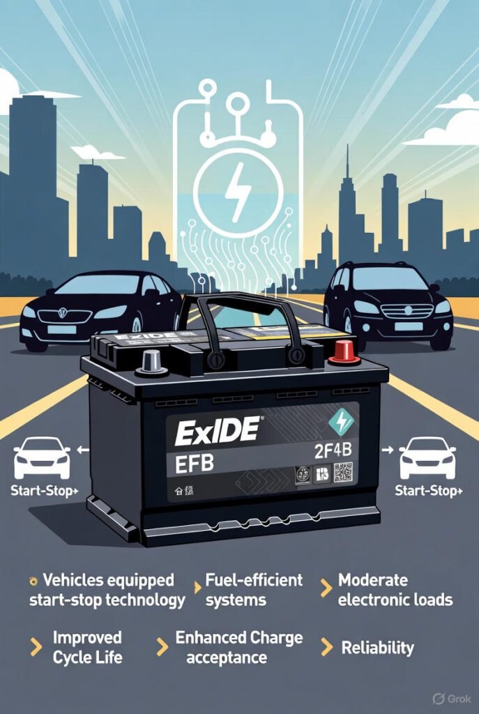 Exide EFB Car Battery Dubai | Enhanced Starter Battery for Start-Stop Vehicles Exide EFB enhanced car battery for vehicles with start-stop technology in Dubai streets