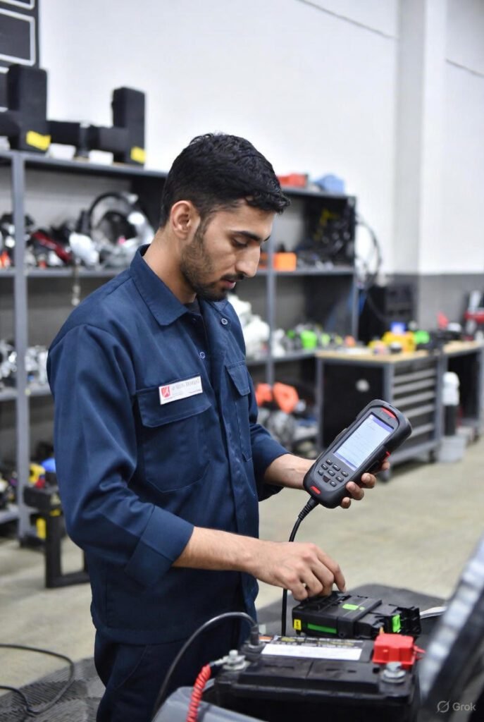 Car battery health check in Dubai workshop
