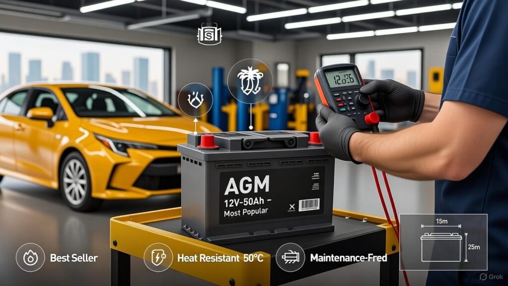 “AGM 12V-50Ah: The most popular battery choice for everyday cars in Dubai” “AGM 12V-50Ah Most Popular battery beside a sedan with mechanic voltage testing in Dubai garage”