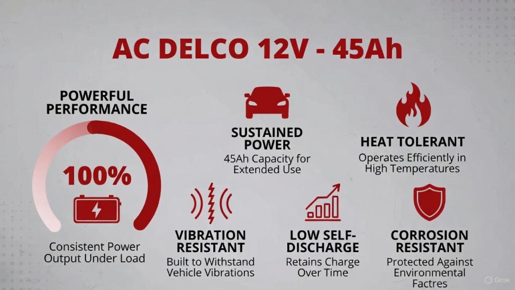 Visual guide showing key features of AC Delco 12V‑45Ah battery including power output, heat tolerance, vibration resistance, and corrosion protection.