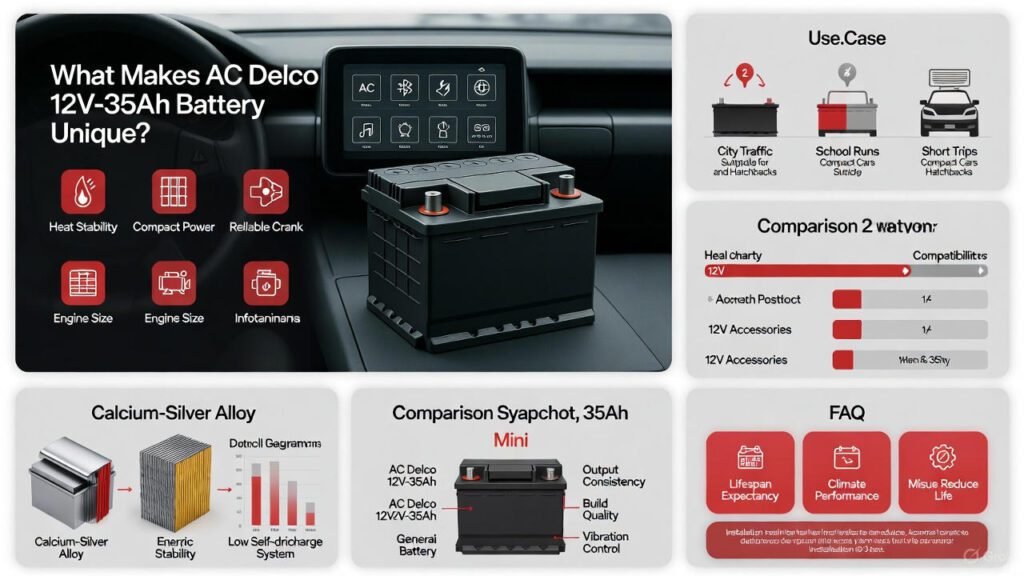 AC Delco 12V-35Ah battery visual guide highlighting heat resistance, compact design, stable power output, and anti-vibration build quality.