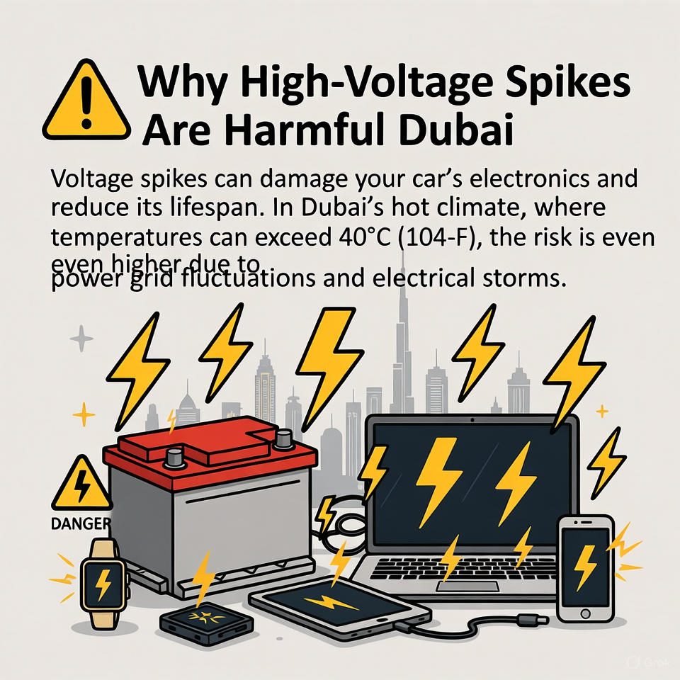 Vector illustration showing the dangers of high-voltage spikes in Dubai, with car batteries and electronic devices exposed to electrical surges, lightning icons, and warning symbols, clean flat design for infographic and blog use.