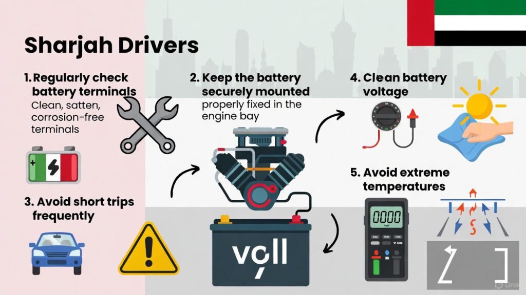 "Car Battery Maintenance Tips for Sharjah Drivers Infographic" "Infographic showing car battery maintenance tips for Sharjah drivers, including checking terminals, securing the battery, avoiding short trips, checking voltage, cleaning, and testing regularly."