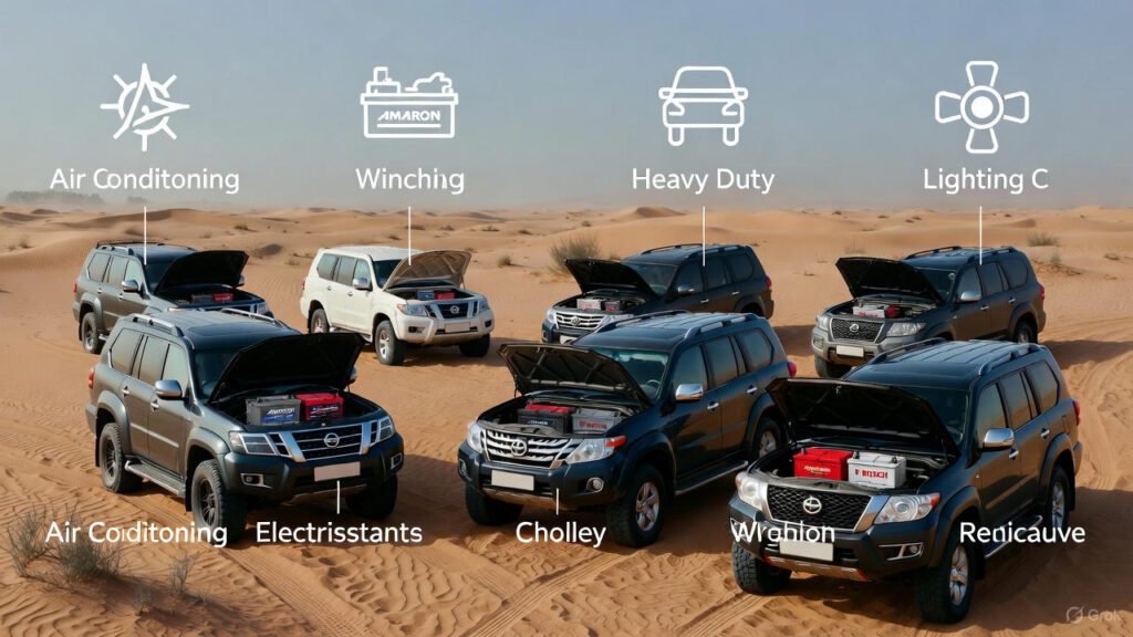 Heat-resistant batteries for SUVs and off-road vehicles like Patrol, Land Cruiser, Pajero, and Fortuner in UAE desert climate.