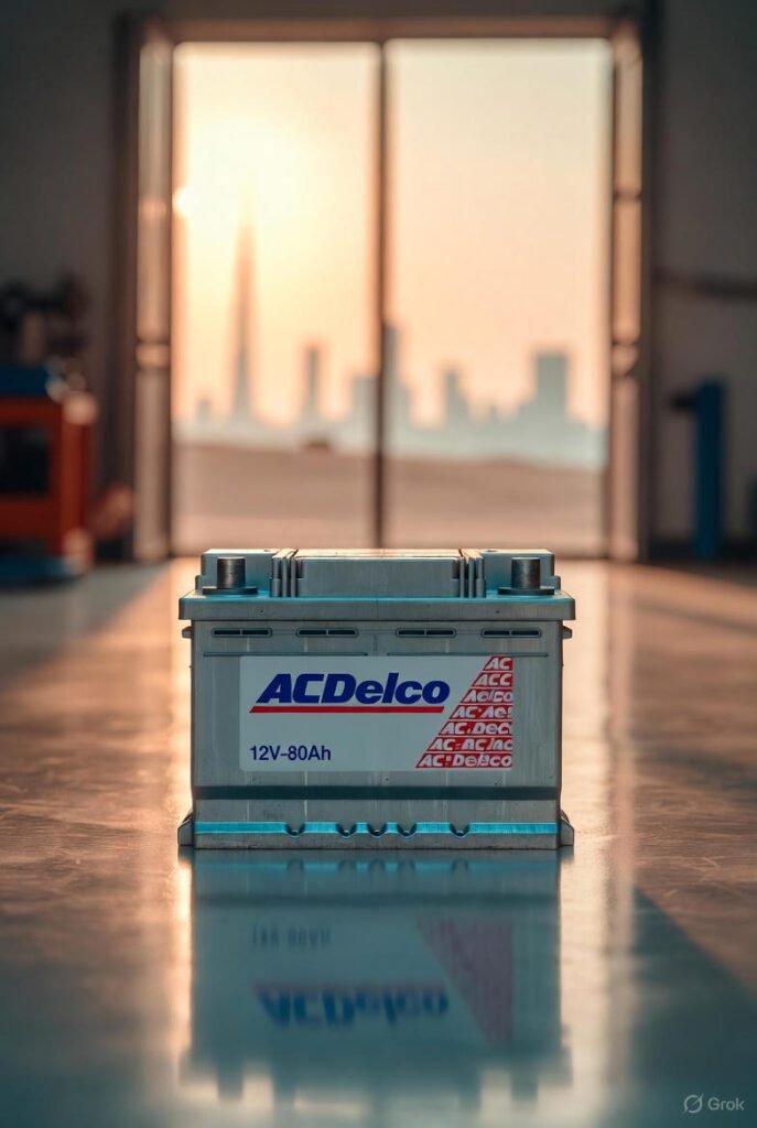 AC Delco 12V-80Ah car battery in a Dubai workshop with desert sunlight and skyline in background.