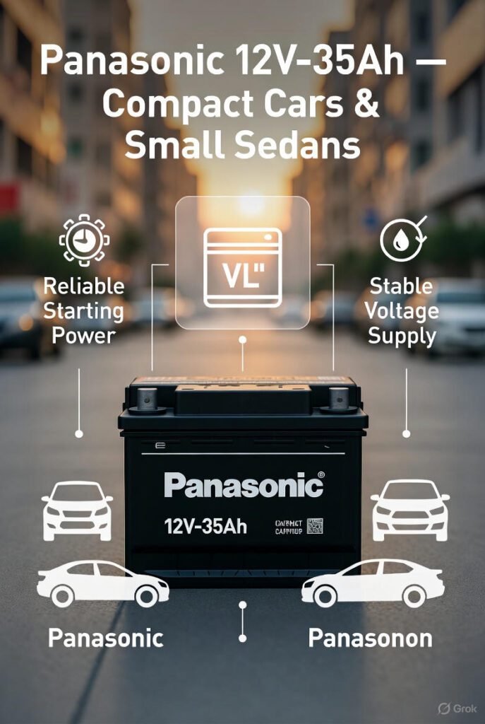 Panasonic 12V–35Ah Car Battery Dubai | Compact Cars & Small Sedans Panasonic 12V–35Ah battery for compact cars and small sedans in Dubai streets