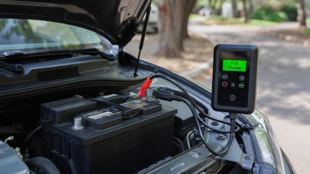 Case study showing home car battery testing results with multimeter and headlights