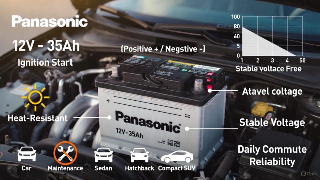 Panasonic 12V – 35Ah car battery installed in engine bay with labeled features