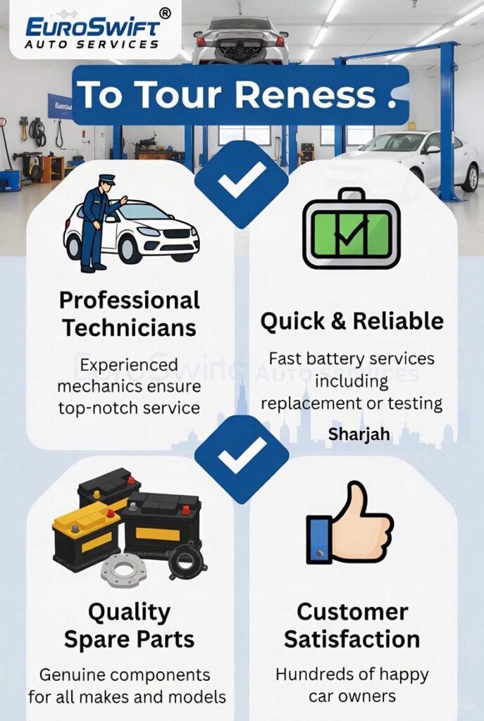 "Why EuroSwift Auto Services is Trusted in Sharjah Infographic" "Infographic showing why EuroSwift Auto Services is trusted in Sharjah, highlighting professional technicians, reliable battery services, quality spare parts, customer satisfaction, and modern workshop facilities."
