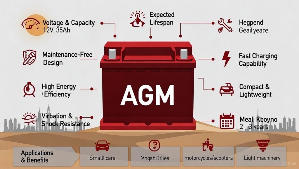 Infographic showing AGM 12V‑35Ah Efficiency Series battery with voltage, 35Ah capacity, maintenance-free design, high energy efficiency, vibration and heat resistance, fast charging, compact size, expected lifespan, applications, and benefits for Dubai drivers.