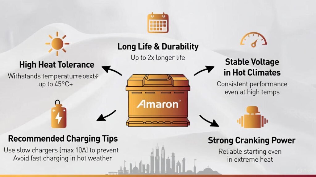 Infographic showcasing an Amaron car battery highlighted as best overall for UAE heat with icons for heat tolerance, long life, stable voltage, and strong cranking power in a clean instructional layout.