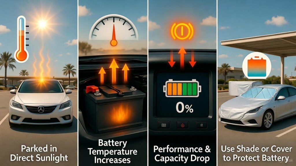 Car parked in direct sunlight causing battery temperature to rise, heat waves and icons showing thermal impact and performance loss.