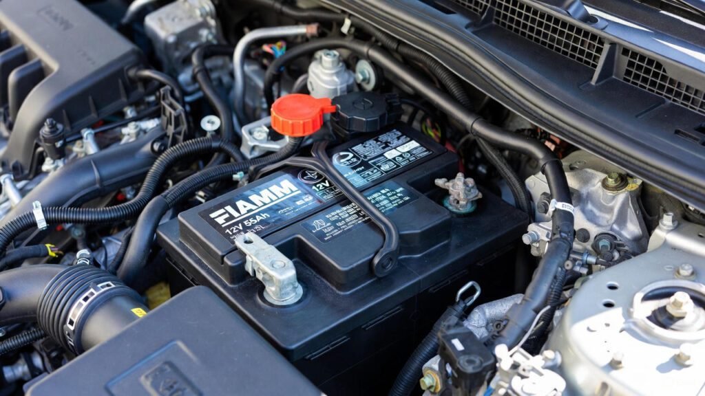 "Visual guide showing maintenance tips for FIAMM 12V 60Ah battery, including checking electrolyte, cleaning terminals, proper charging, and safe storage."