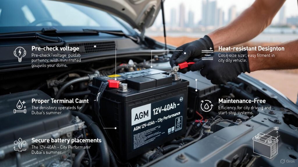“AGM 12V-40Ah City Performance – optimized for urban driving and start-stop vehicles in Dubai” “AGM 12V-40Ah City Performance battery installed in a compact sedan engine bay in Dubai”