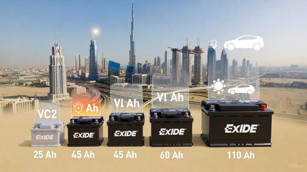 Exide 12V–25Ah Car Battery Dubai | Small Cars & Hatchbacks Exide 12V–25Ah battery for small cars and hatchbacks in Dubai urban streets