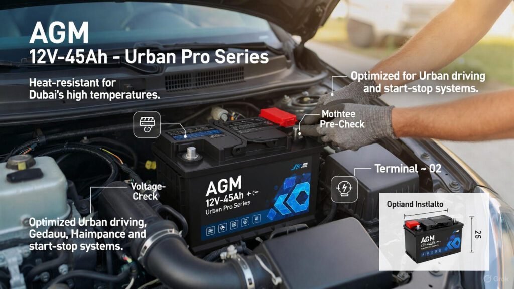 “AGM 12V-45Ah Urban Pro Series – high-reliability battery for city vehicles in Dubai” “AGM 12V-45Ah Urban Pro Series battery installed in a mid-size sedan engine bay in Dubai”