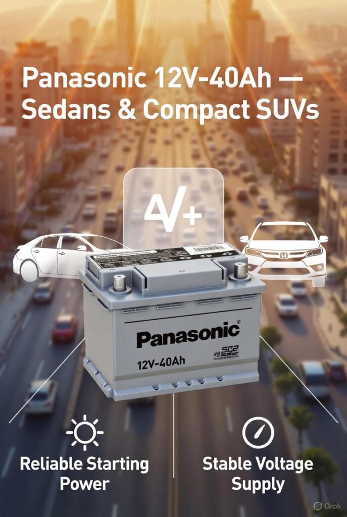 : Panasonic 12V–40Ah Car Battery Dubai | Sedans & Compact SUVs Panasonic 12V–40Ah battery for sedans and compact SUVs in Dubai streets