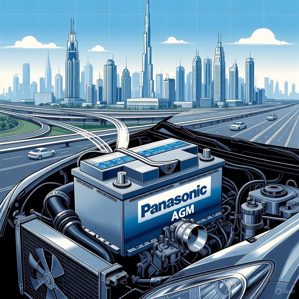 Panasonic AGM Battery – Precision and Reliability for Dubai Roads Vector illustration of a Panasonic AGM car battery installed in a modern vehicle, highlighting precision and durability for Dubai roads, with a clean flat design and Dubai skyline in the background, professional and minimalist style.