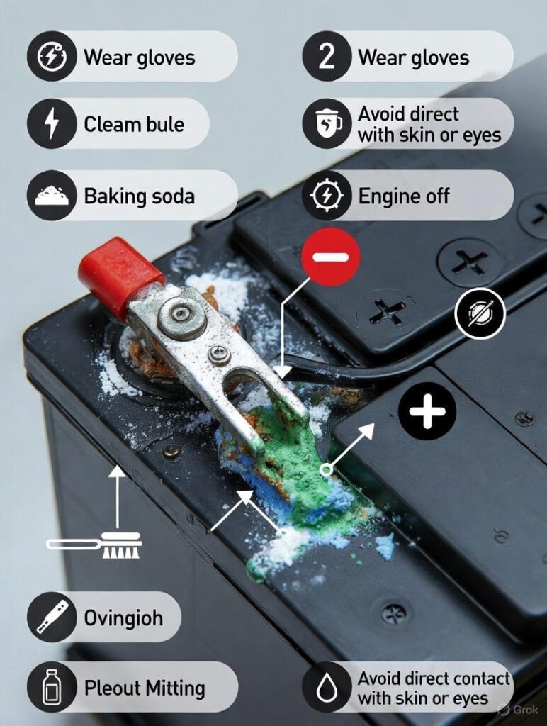 Infographic showing car battery terminals with corrosion buildup and labeled inspection steps, including safety precautions, identification callouts, and cleaning tools in a clear instructional layout.